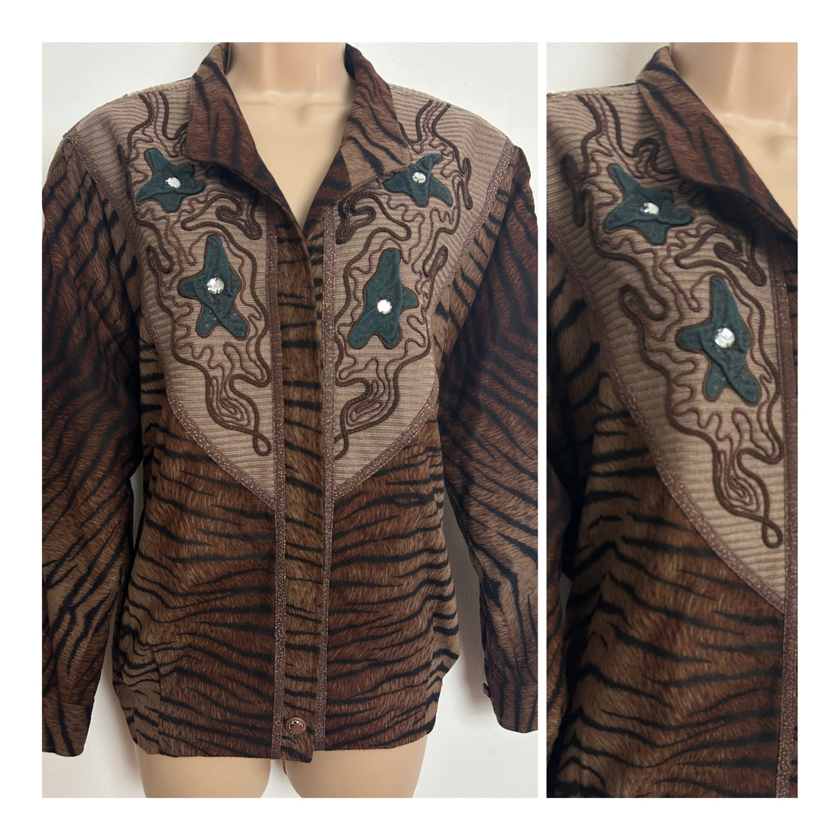 Vintage 1980s Size 12-14 Brown & Black Tiger Stripe Animal Print Braid & Applique Bomber Style Jacket