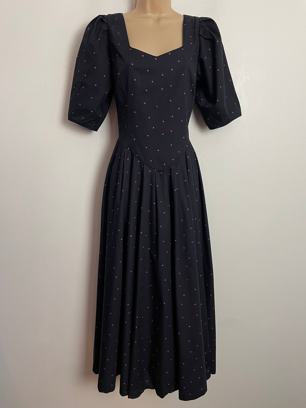 Vintage 1980s LAURA ASHLEY UK Size 10 ( Size 14 On Label) Black & Pink Polka Dot Print Midi Dress