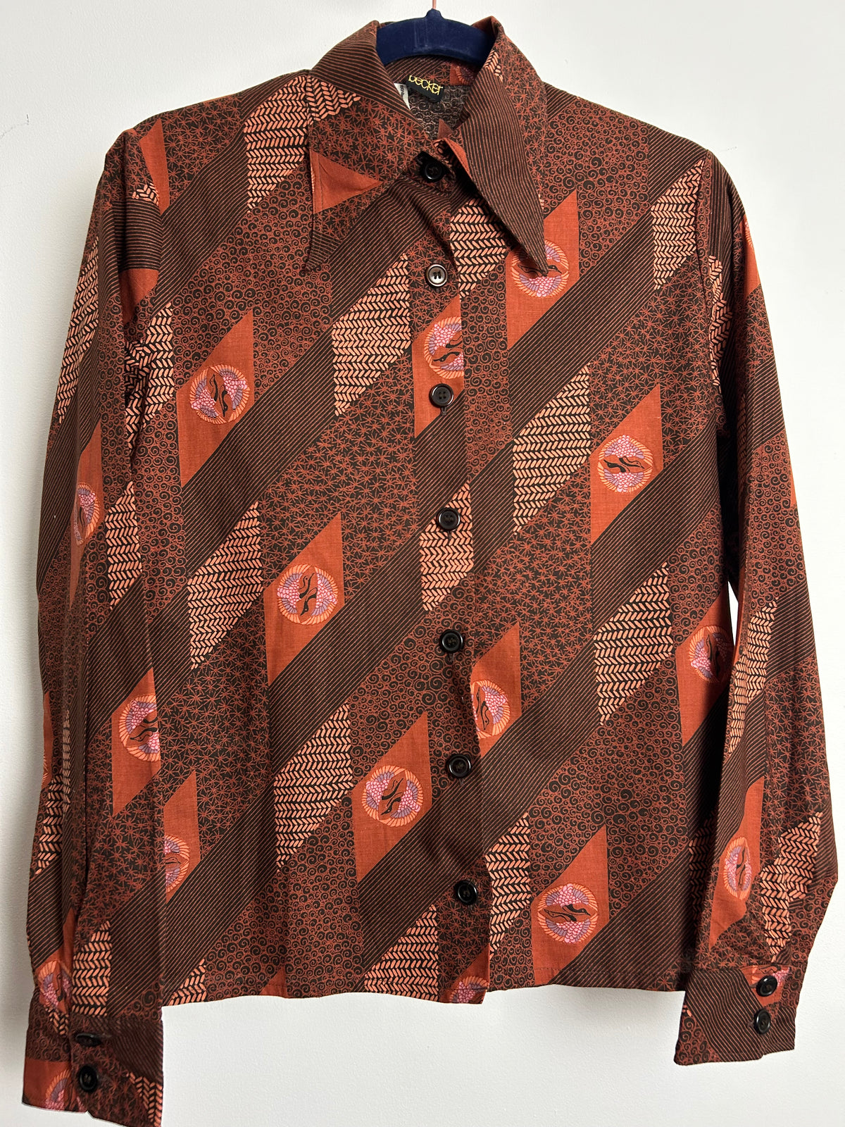Vintage 1970s STUDIO BECKER Size 8-10 Brown Tones Abstract & Bird Print Cotton Shirt