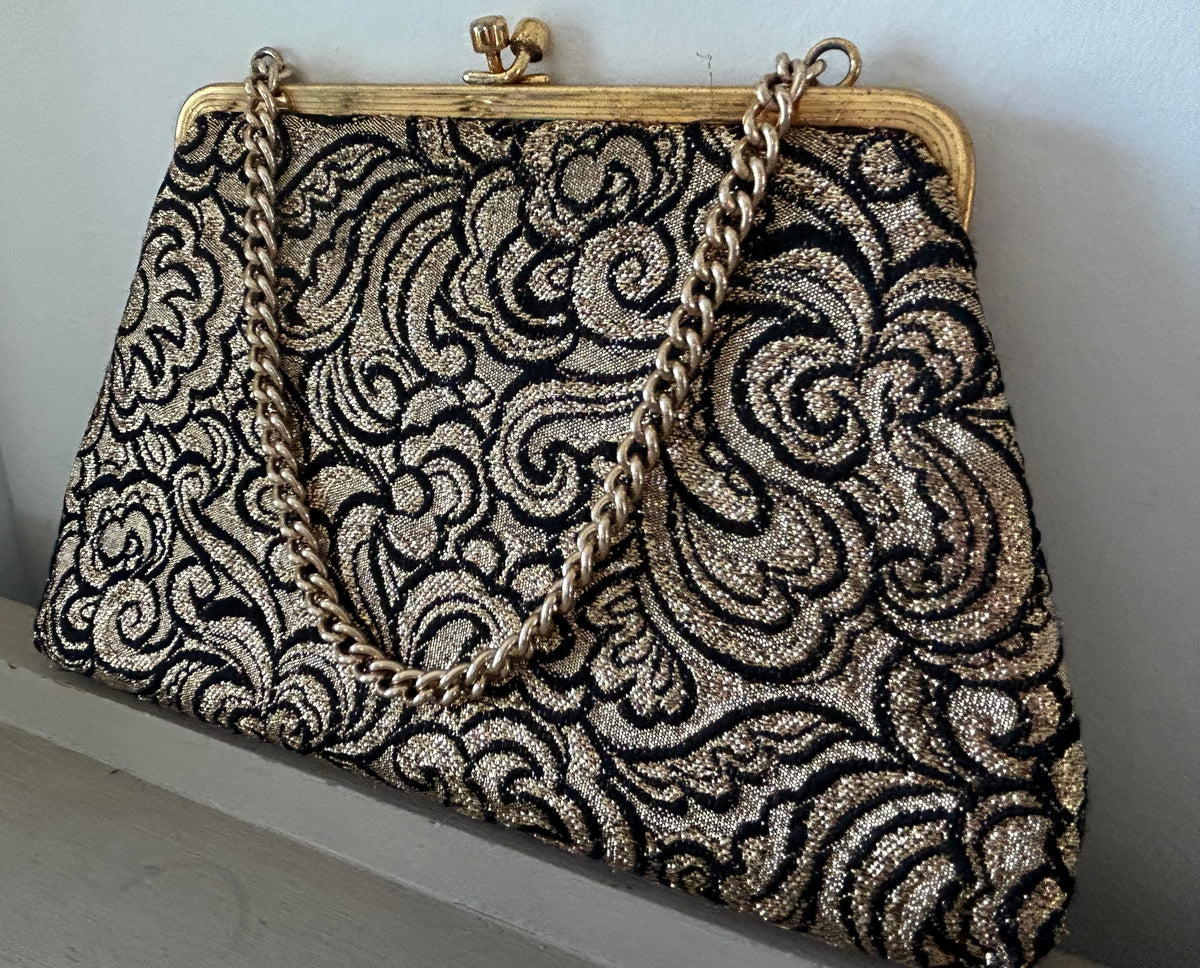 Vintage 1960s Small Black & Metallic Gold Floral Evening Bag With Chain Handle