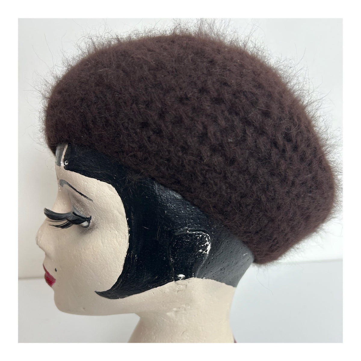 Vintage Handmade Dark Brown Angora & Wool Mix Semi Chunky Knit Beret/Beanie Style Hat