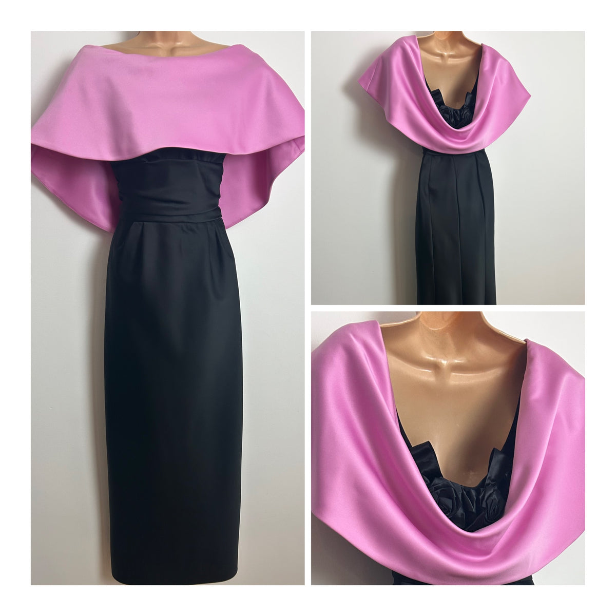 Vintage 1980s FRANK USHER Size 14 Black & Pink Low Back Shawl Collar Cocktail Gown