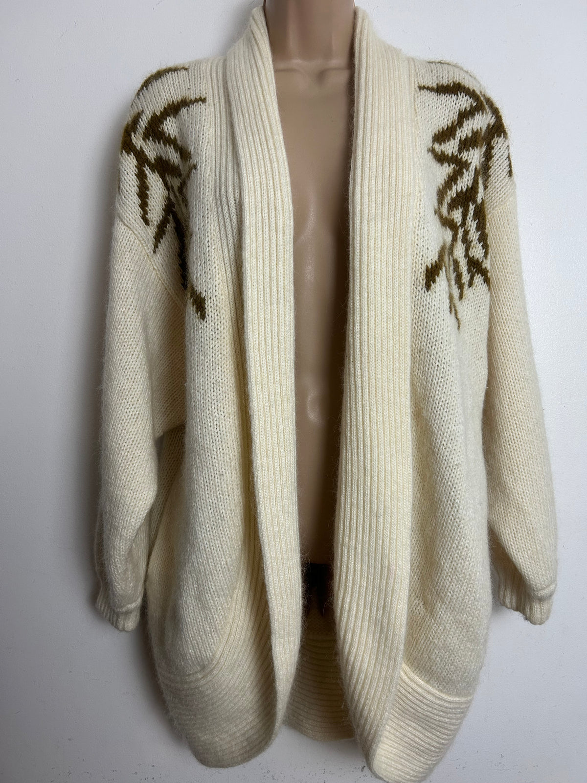 Vintage 1980s FEMI Up To Size 14-16 Gorgeous Cream Wool Mix Giant Panda Open Fronted Cardigan