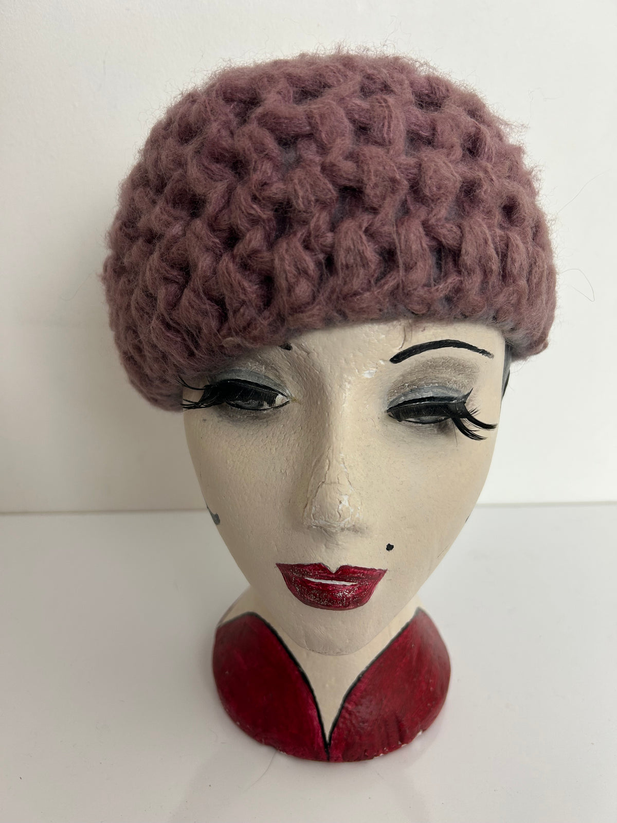 Vintage Dusky Pink Or Grey Angora & Wool Chunky Crochet Knit Reversible Beret/Beanie Style Hat