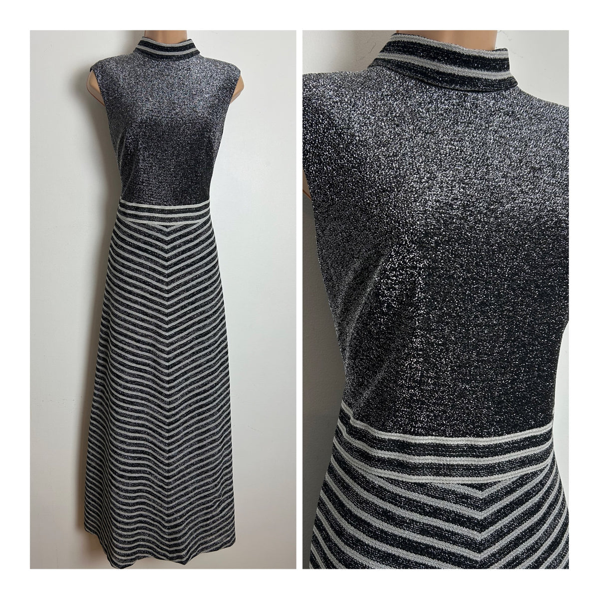 Vintage 1970s Size 12 Black & Silver Lurex Stripe Print Sleeveless Evening Maxi Dress
