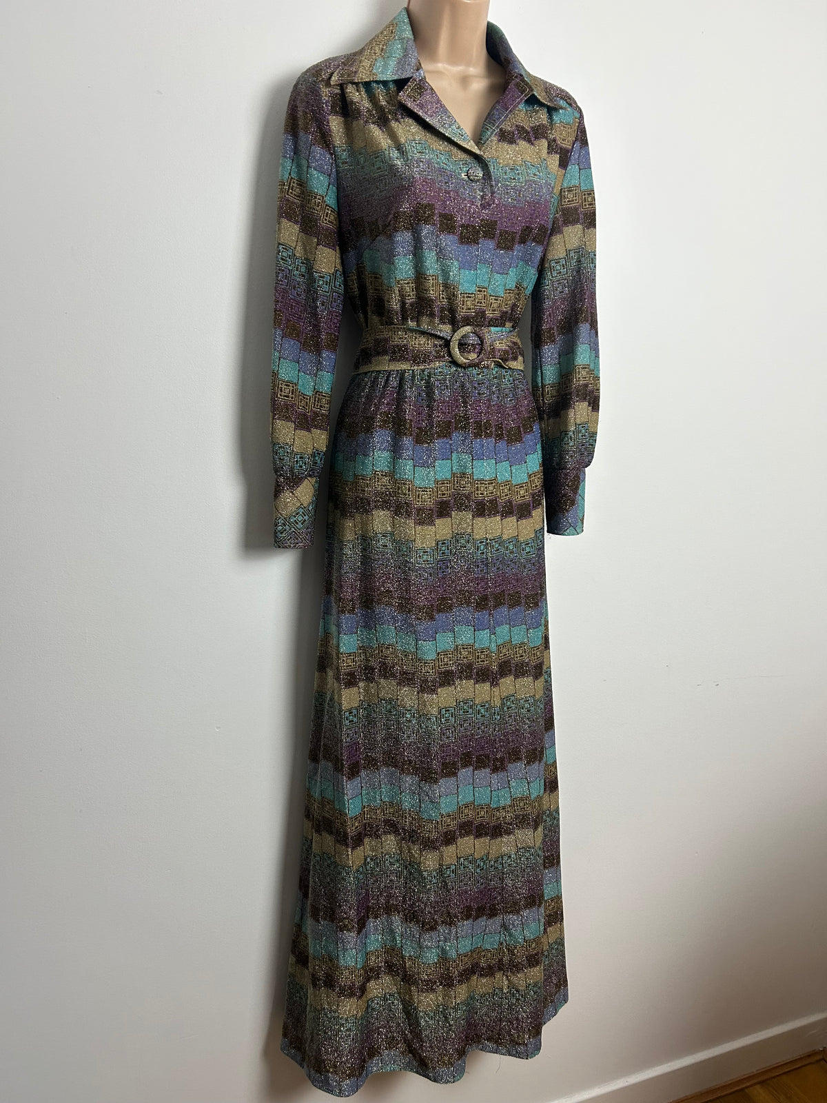 Vintage 1970s Size 12 Blue Beige & Plum Purple Geo Print Lurex Belted Occasion Maxi Dress