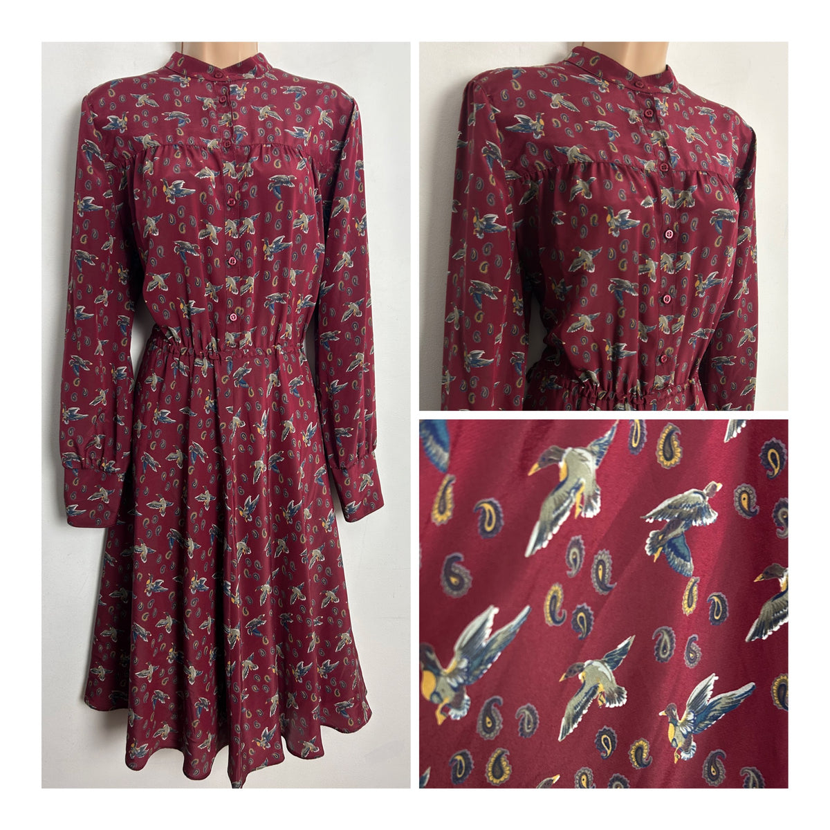 Vintage 1980s JEAN CLAIRE UK Size 14 Dark Red Novelty Duck & Paisley Print Long Sleeve Day Dress