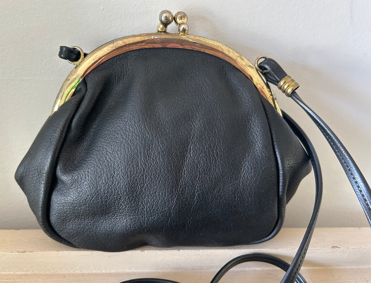 Vintage 1980s Small Black Faux Leather Reptile Pattern Detail Shoulder Messenger Bag