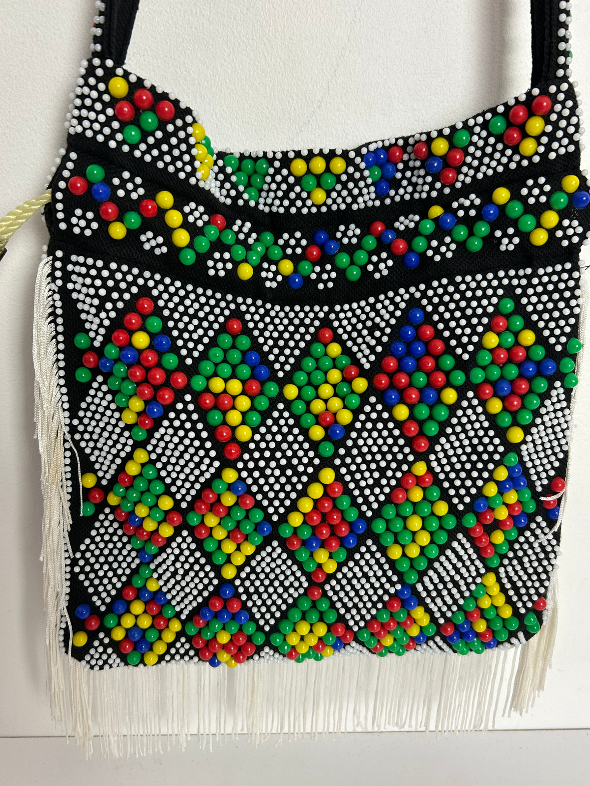 Vintage 1970s Black Fabric Multicolour Beaded Draw Tie Pouch Shoulder Bag