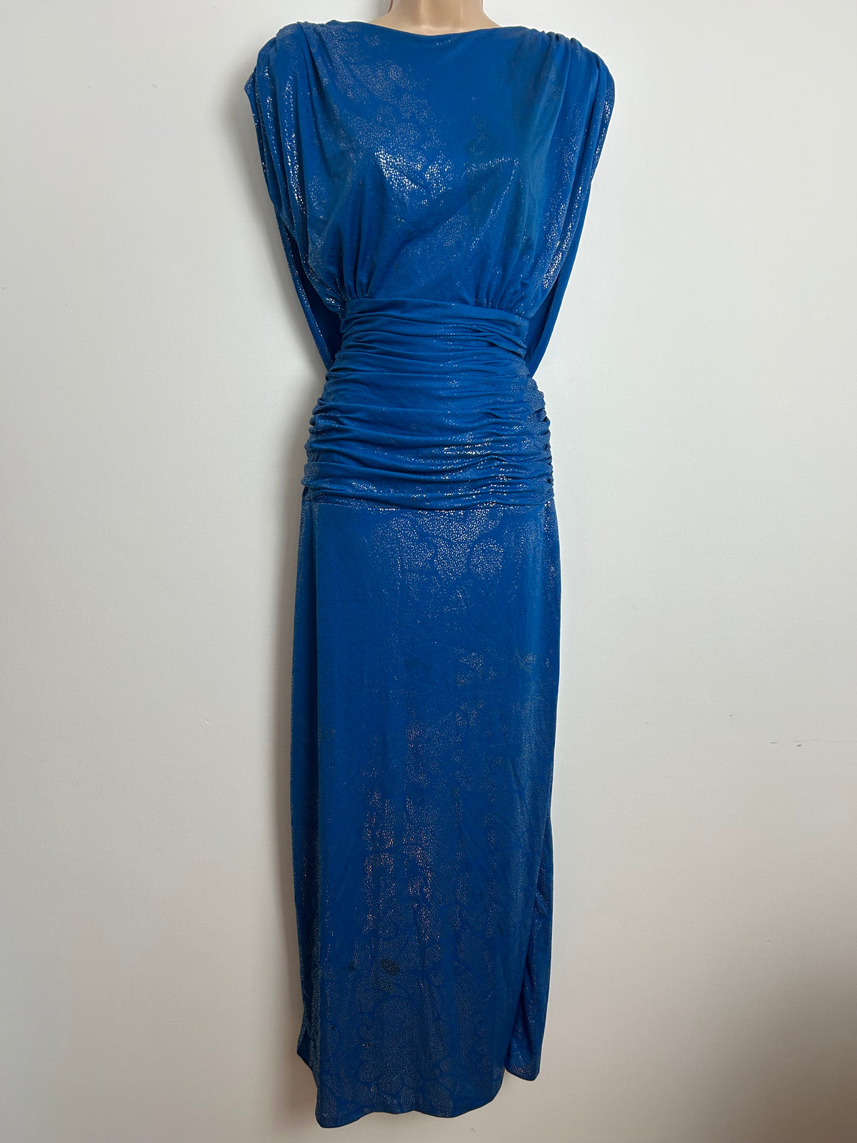 Vintage Early 1980s JOHN CHARLES  Blue & Silver Drape Back Ruched Waist Evening Dress Size 12