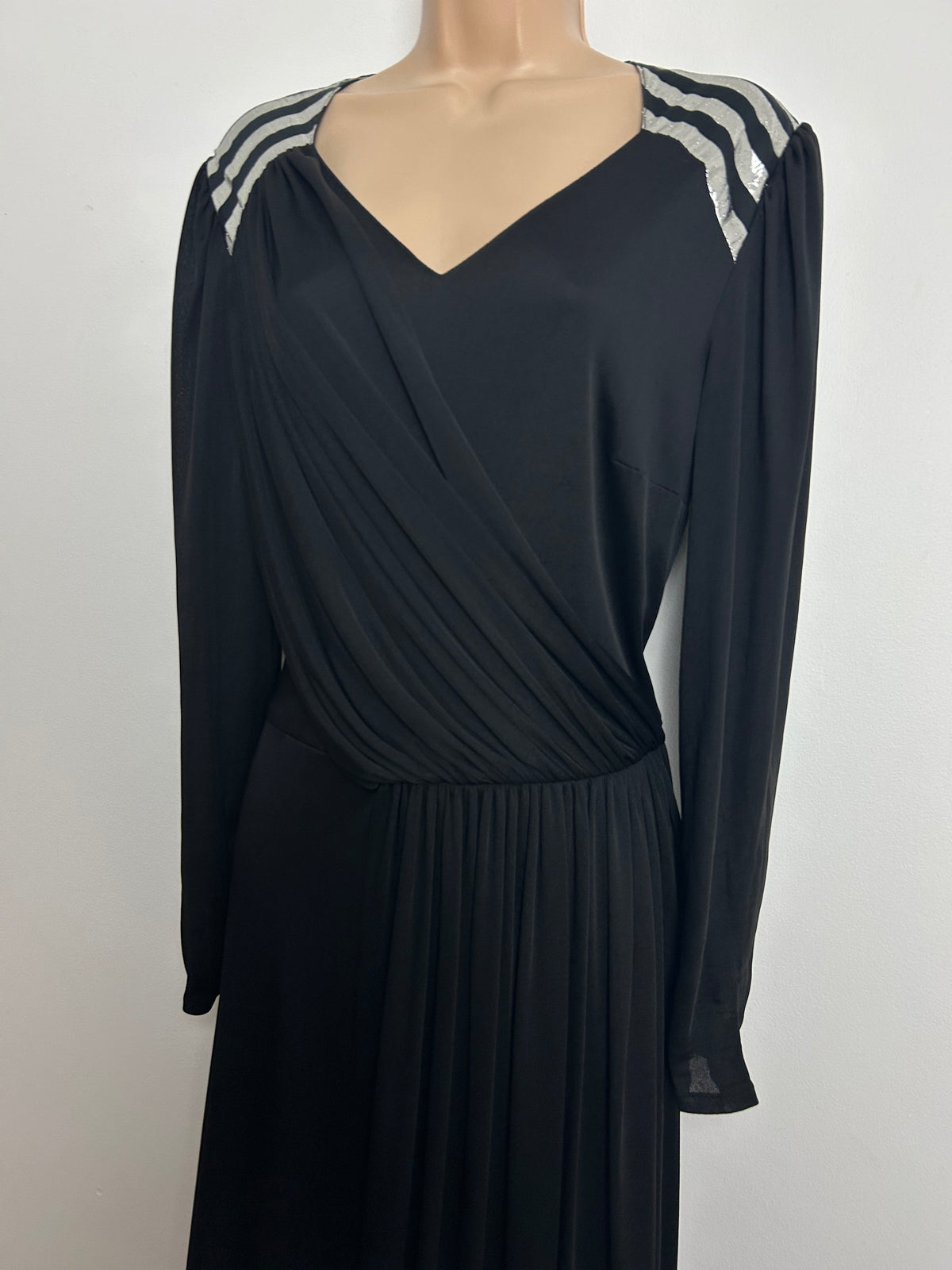 Vintage 1970s VERA MONT PARIS Size 12-14 Black & Silver Stripe Detail Mock Wrap Occasion Evening Maxi Dress