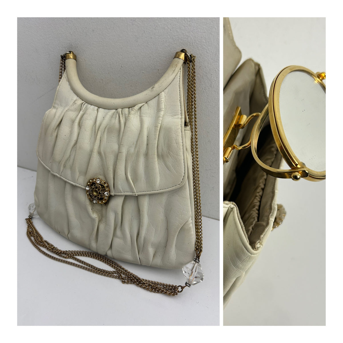 Vintage RARE 1950s Ivory Leather Beautiful Shape Handbag With Chain Strap & Hinged Mirror