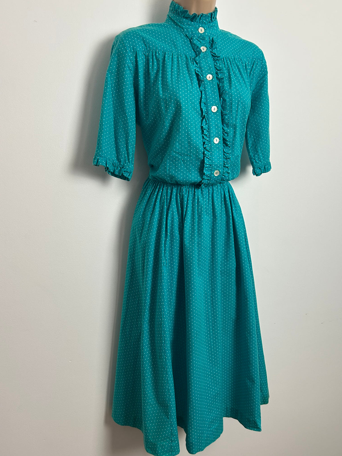 Vintage 1980s LAURA ASHLEY Size 10 Dark Turquoise & White Polka Dot Cotton Tea Dress