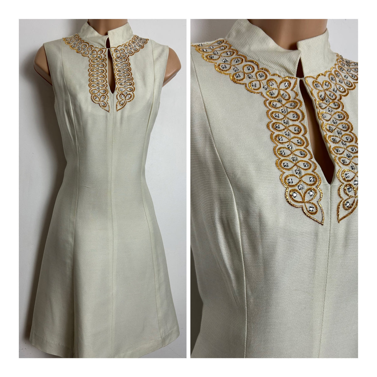 Vintage 1960s WENDY Size 8 Winter White Gold Braid & Diamante Embellished Mod Occasion Shift Dress