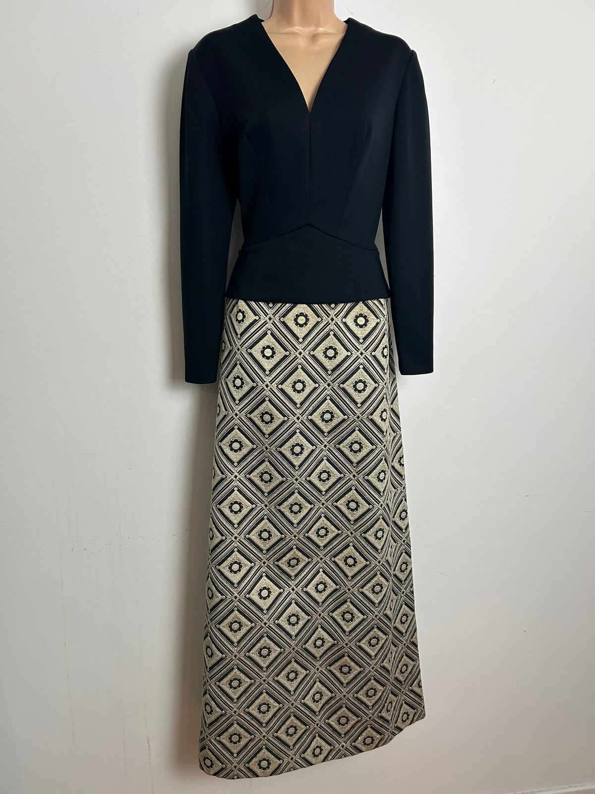 Vintage 1960s CARNEIGIE OF LONDON Size 12 Black & Metallic Gold Peplum Occasion Evening Maxi Dress