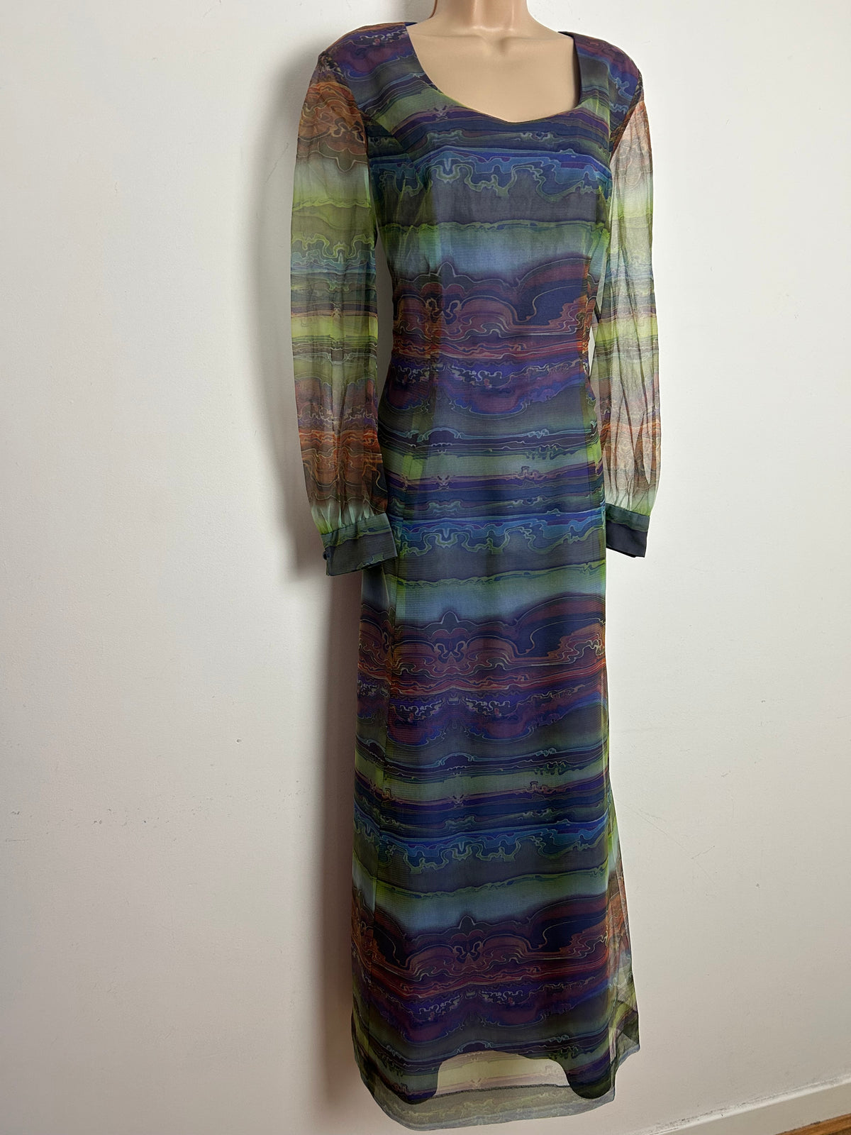 Vintage 1970s LINDA LEIGH Size 12 Blue Purple & Green Abstract Print Chiffon Long Sleeve Maxi Dress