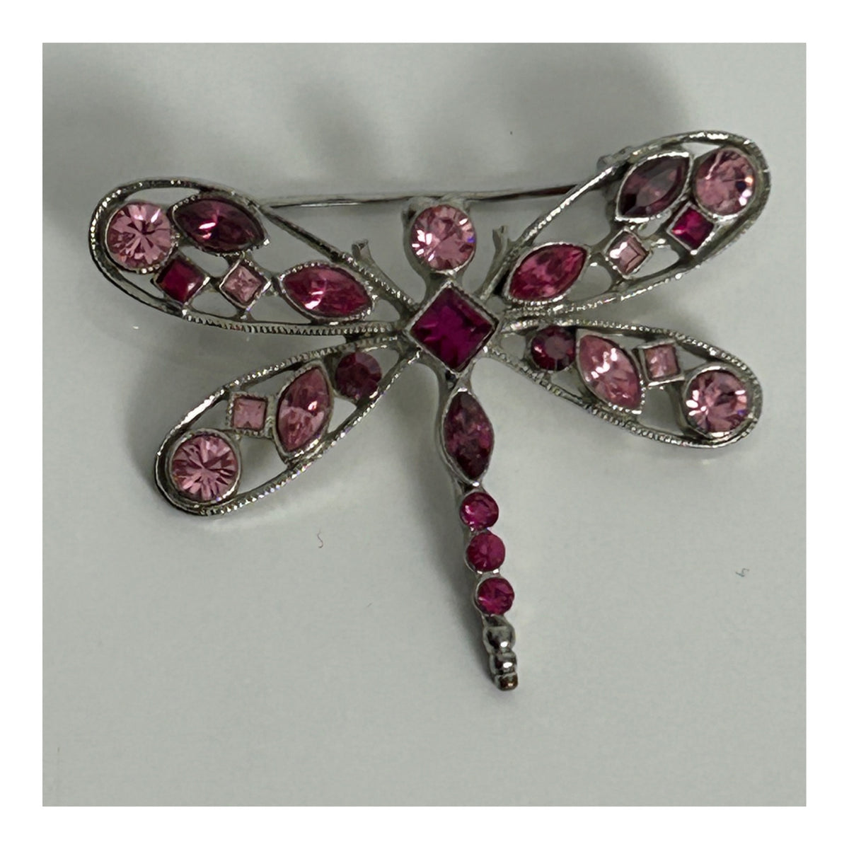 Vintage 1980s Silver Tone & Pink Diamante Rhinestone Dragonfly Brooch