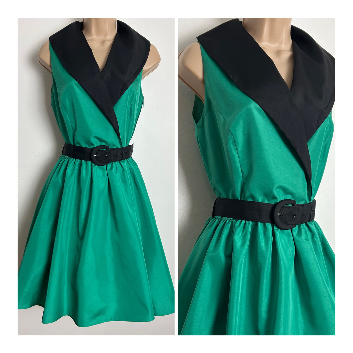 Vintage 1980s VERA MONT Size 8 Green & Black Collared Belted Xmas Party Prom Style Dress
