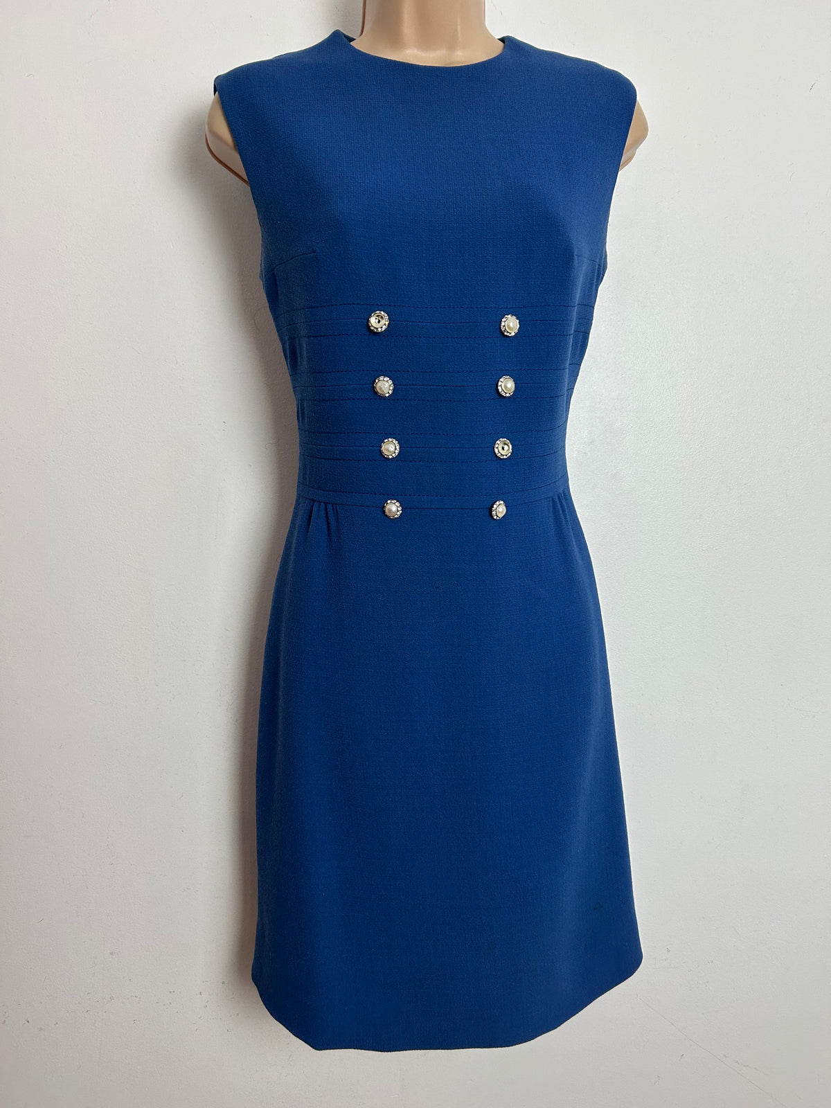 Vintage 1960s HEROS MODELL Size 8-10 Dusky Blue Pearl & Diamante Button Detail Mod Dress