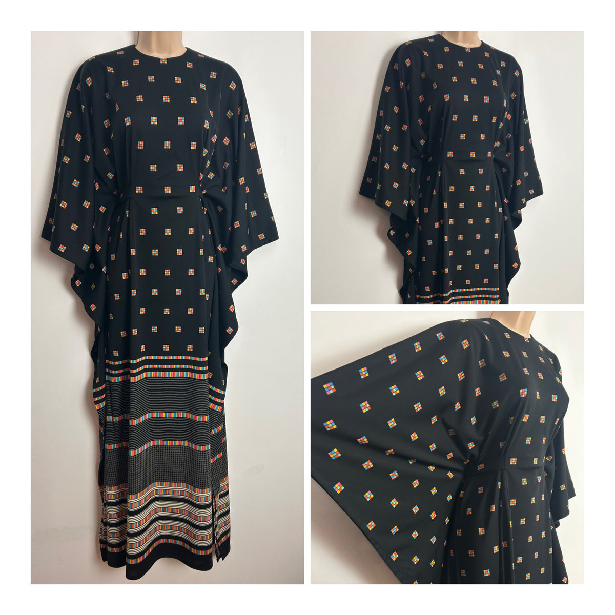 Vintage 1970s Up To Size 14 Black Multicolour Check Square Print Wide Sleeve Belted Kaftan Maxi Dress