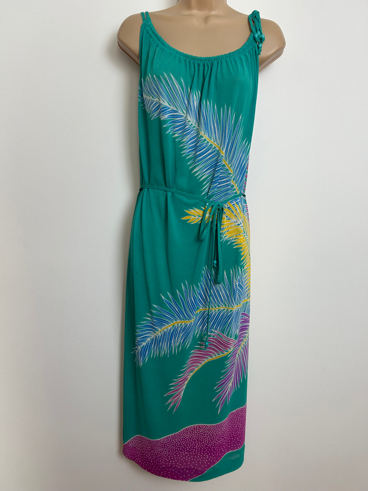 Vintage Early 1980s FURSTENBERG Size 12 Jade Green Blue Yellow & Pink Leaf Print Belted Sundress