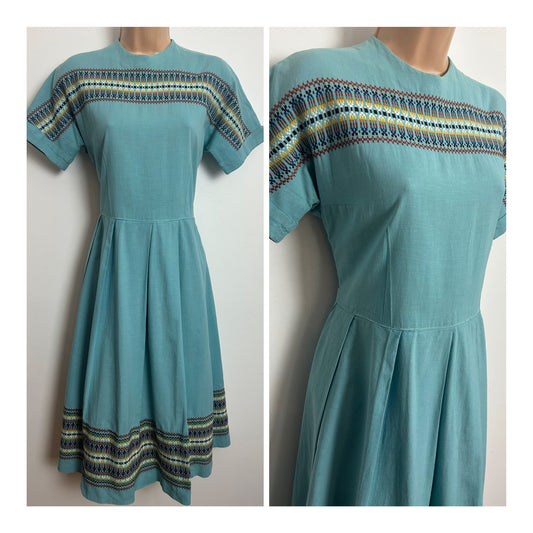 Vintage Early 1950s Size 12-14 Pale Blue Short Sleeve Cotton Pleated Day Dress