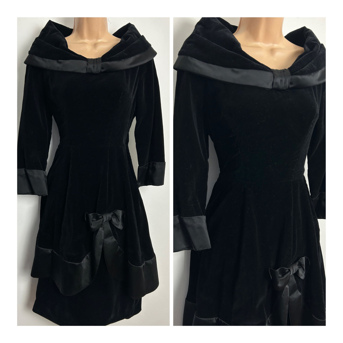 Vintage 1960s Size 8 Black Velvet Bardot Collar Bow Detail Evening Occasion Dress