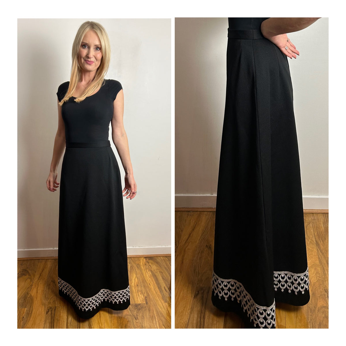 Vintage 1970s UK Size 8 Black & Silver Braid Trim Evening Maxi Skirt