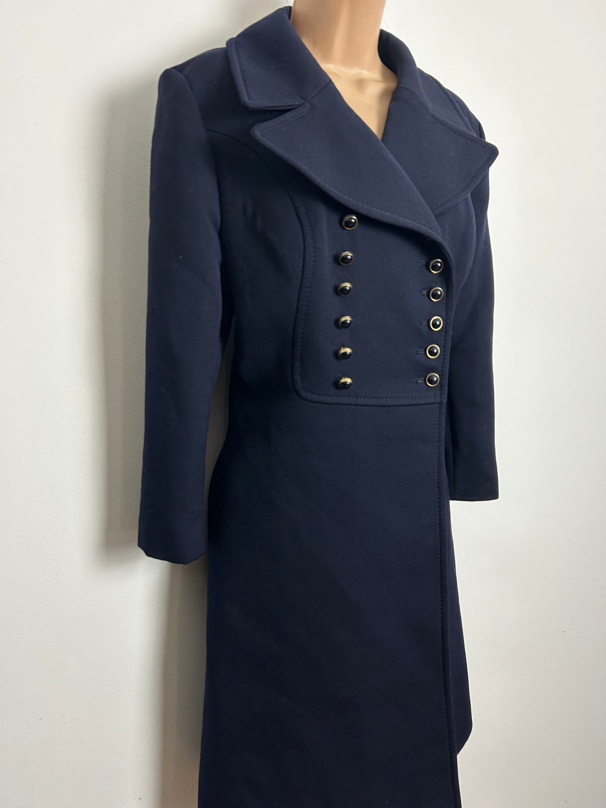 Vintage 1970s KEMPER Size 12 Navy Blue Pure New Wool Double Breasted Military 3/4 SleeveStyle Pea Coat