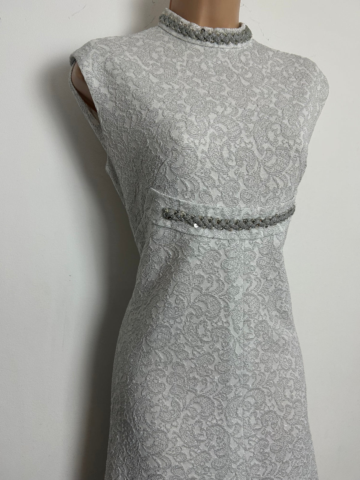 Vintage 1960s Size 12 White & Metallic Silver Braid Trim Crimplene Occasion Evening Maxi Dress