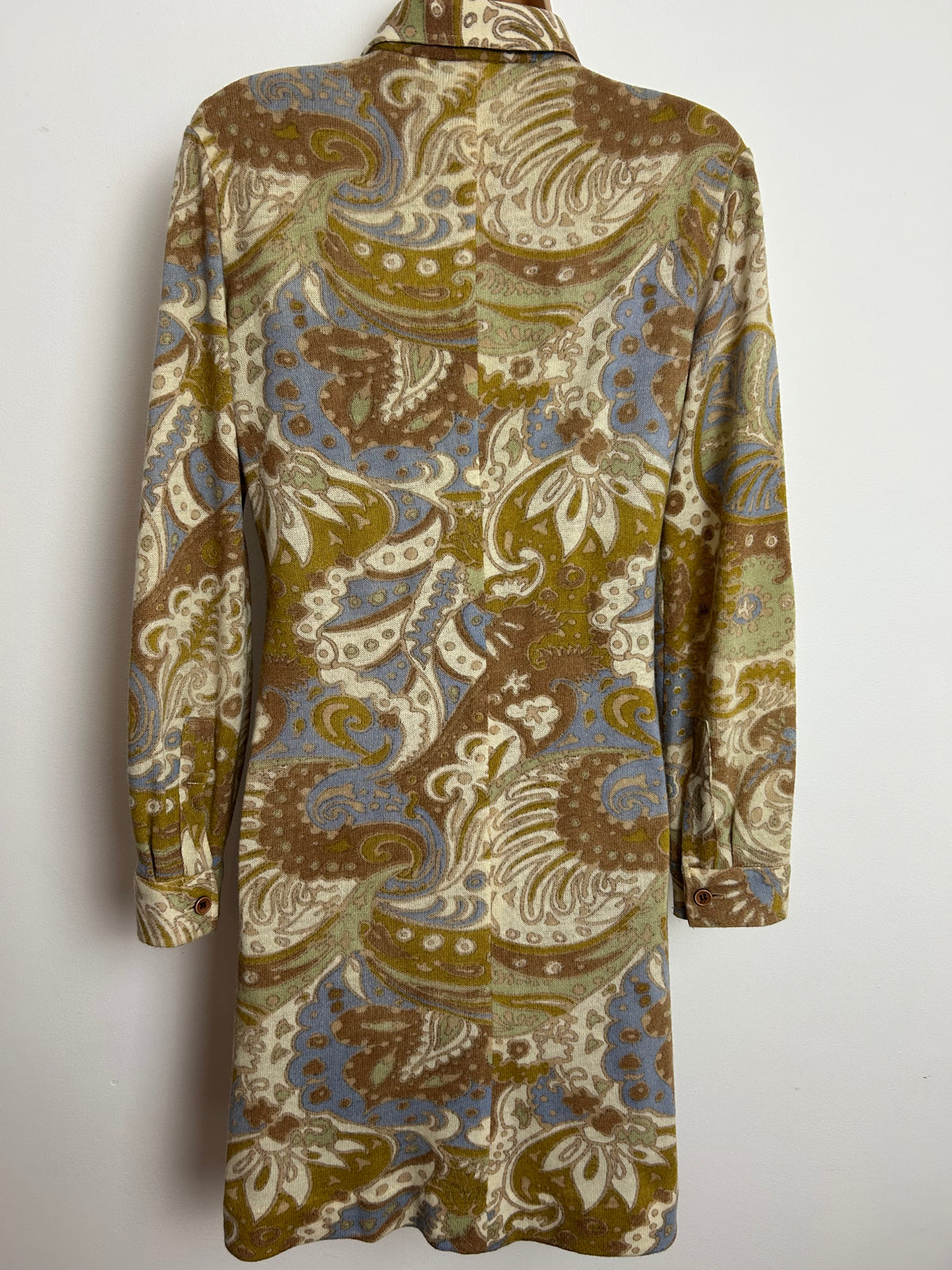 Vintage 1960s GASTON JAUNET Size 12-14 Brown Cream Blue & Pale Green Paisley Wool Mix Mod Shift Dress