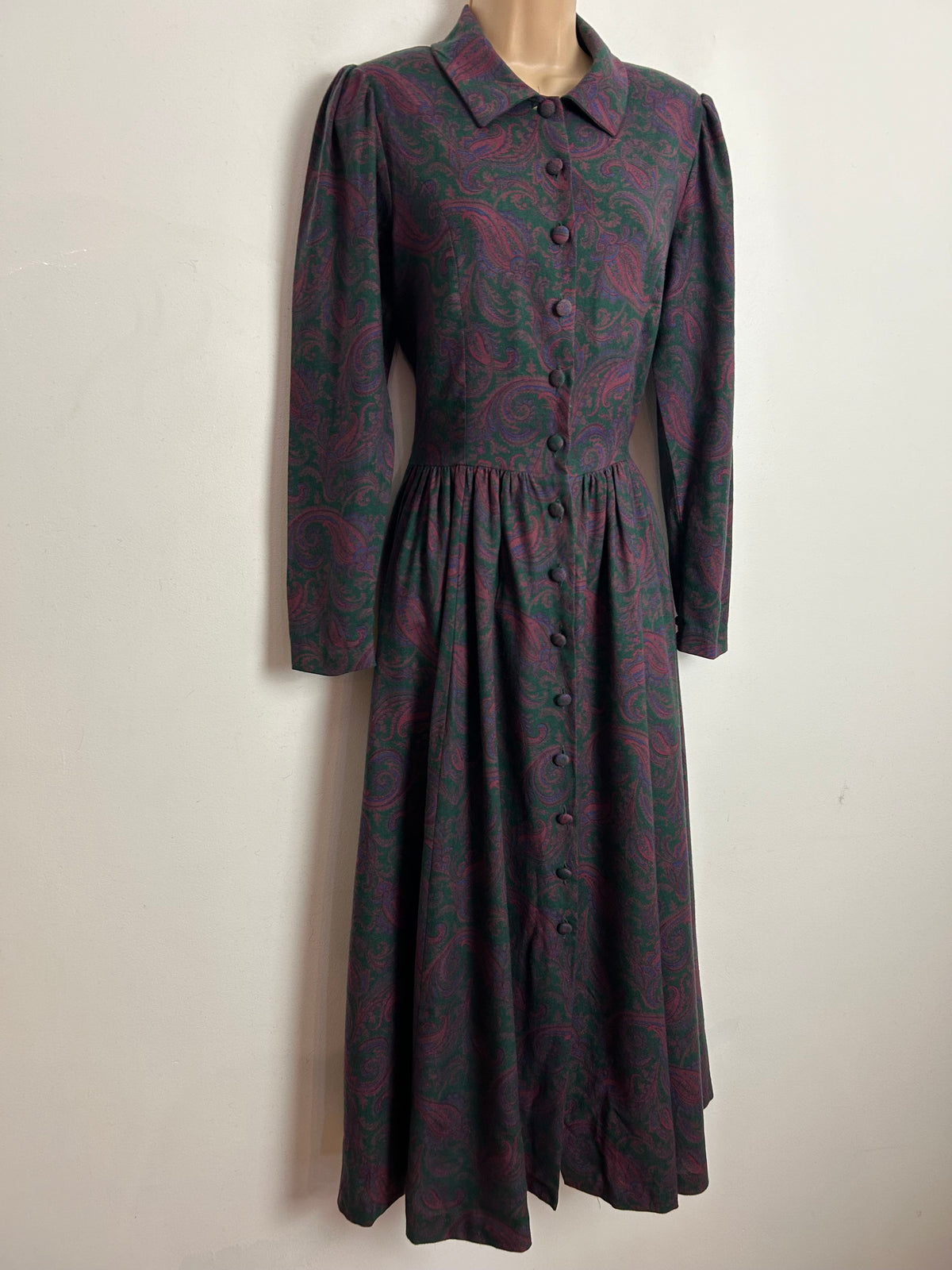 Vintage 80s LAURA ASHLEY UK 8-10 (Size 10 On Label) Very Dark Pink & Dark Green Floral Paisley Wool Mix Day Dress