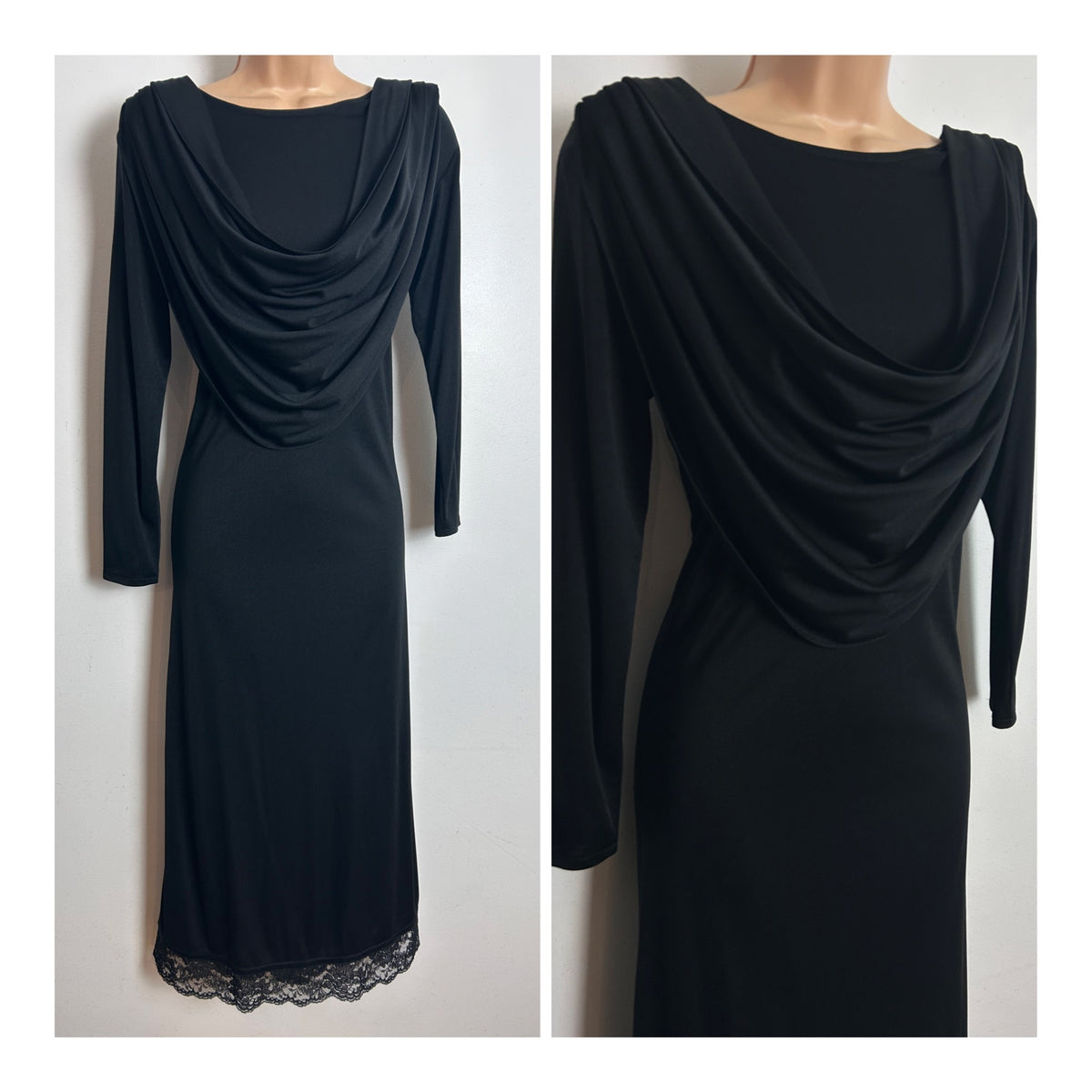 Vintage Late 1970s Early 1980s LAURA PHILLIPS Size 10-12 Black Drape Neck Long Sleeve Midi Occasion Dress