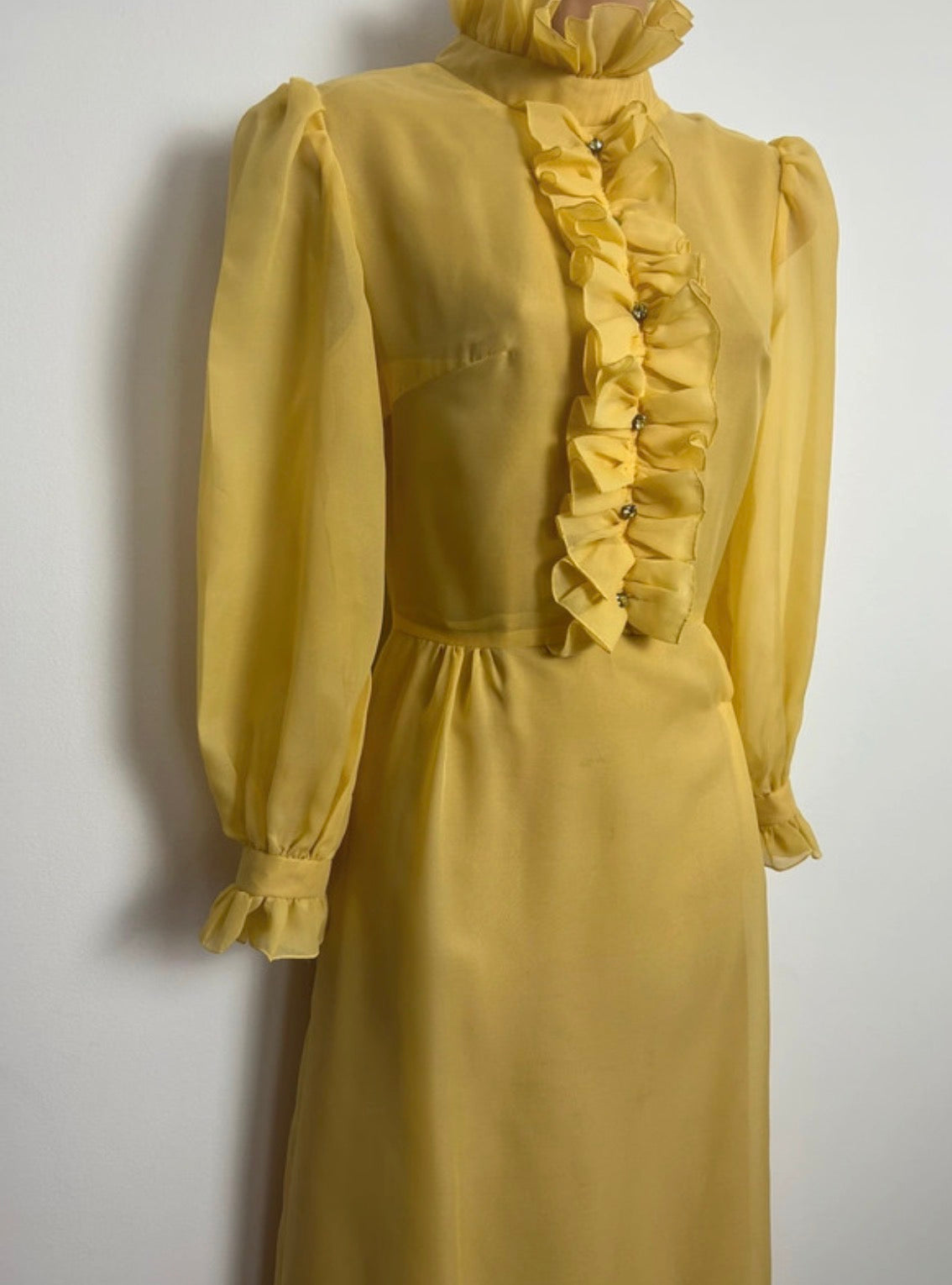 Vintage 1970s Size 6-8 Mustard Yellow Ruffle Trim Long Sleeve Prairie Maxi Dress