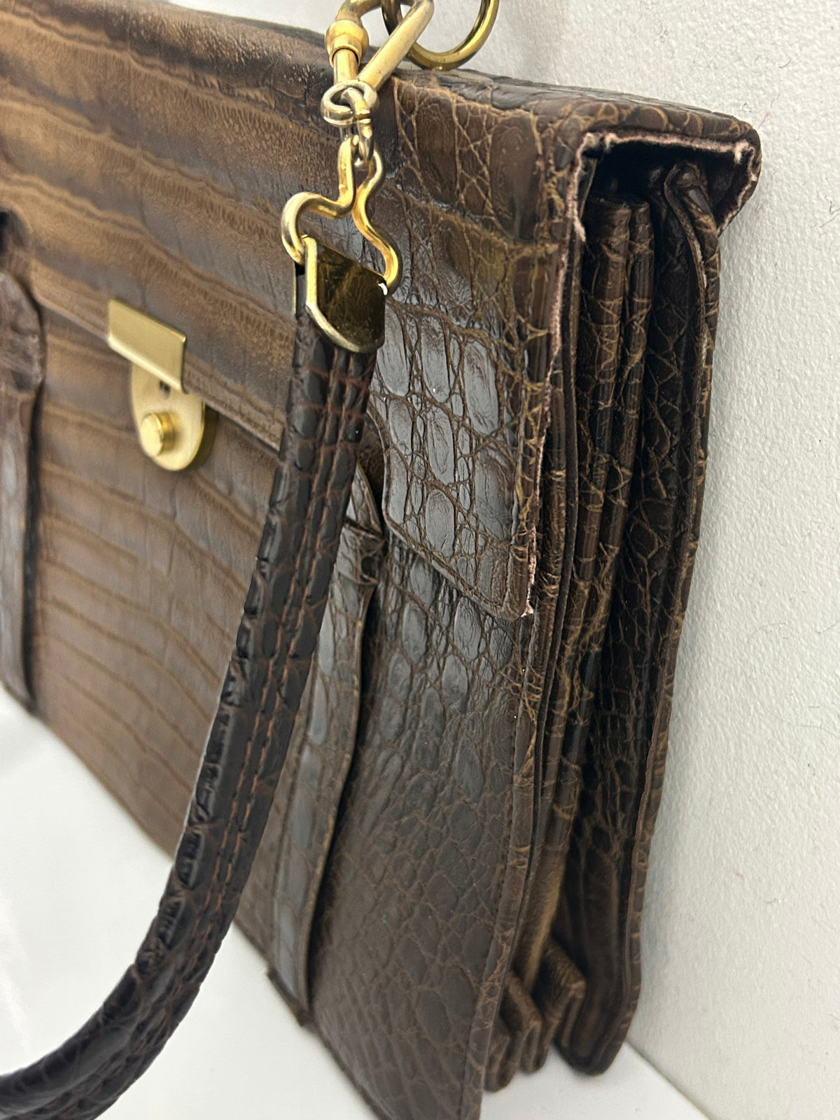 Vintage 1970s Large Brown Real Leather Mock Croc Handbag