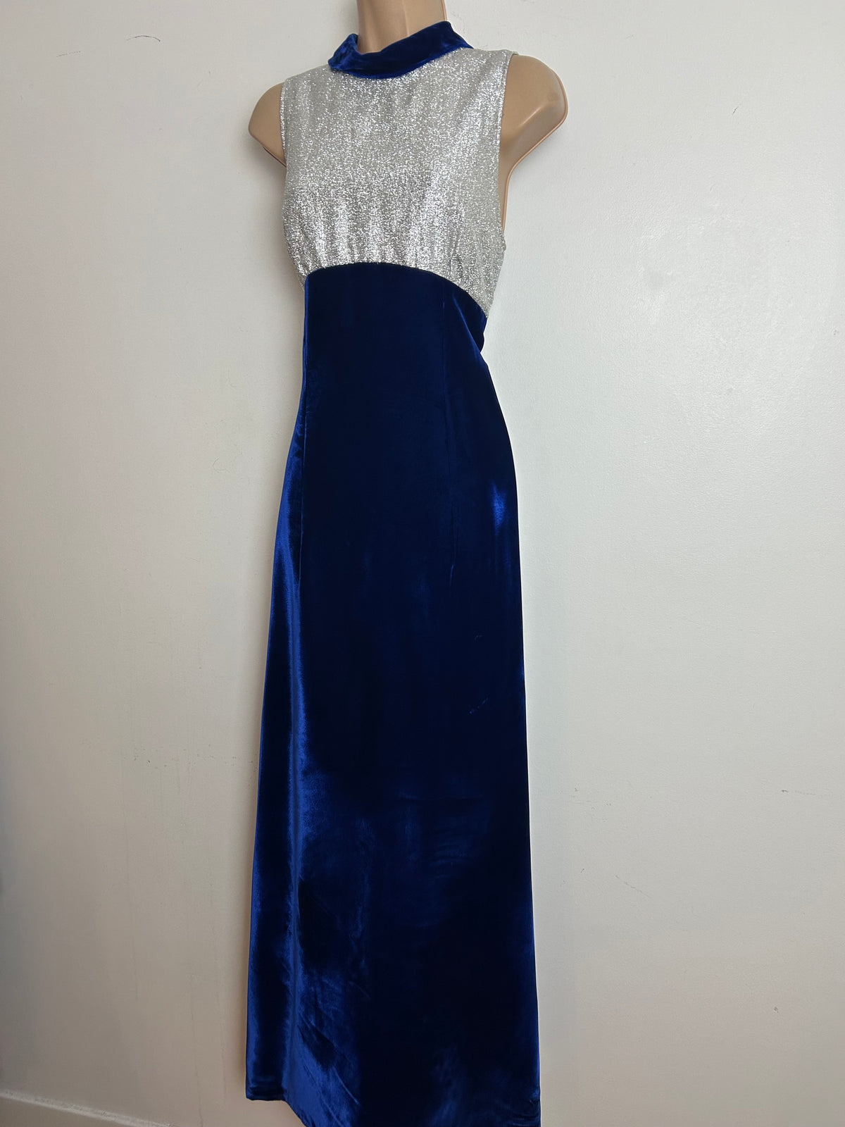 Vintage 1960s MURIEL SPENCER Size 10 Midnight Blue & Silver Lurex Occasion Evening Maxi Dress