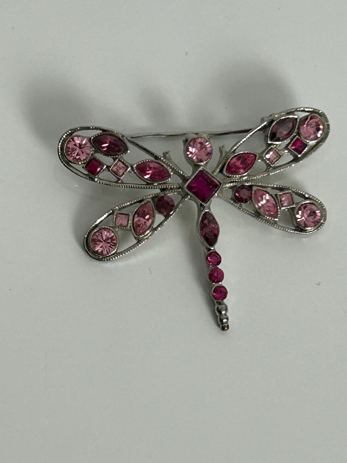 Vintage 1980s Silver Tone & Pink Diamante Rhinestone Dragonfly Brooch