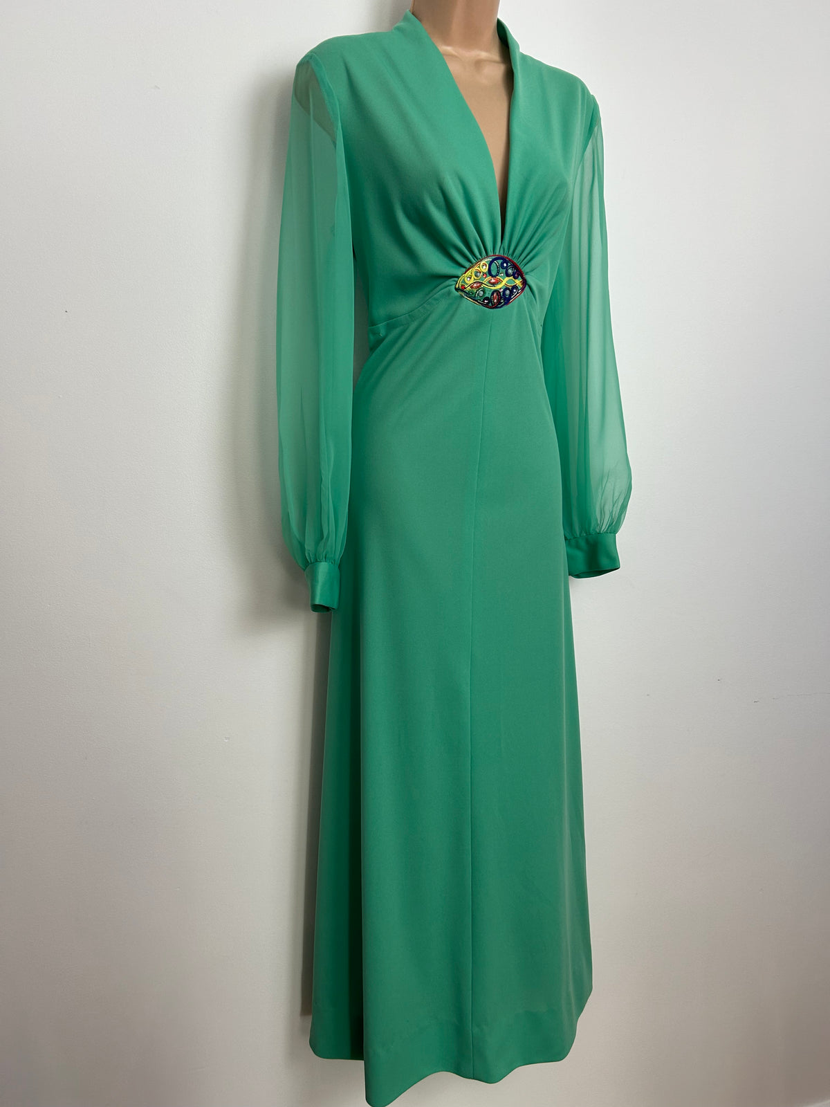 Vintage 1970s Size 12 Jade Green Long Chiffon Sleeves Occasion Maxi Dress