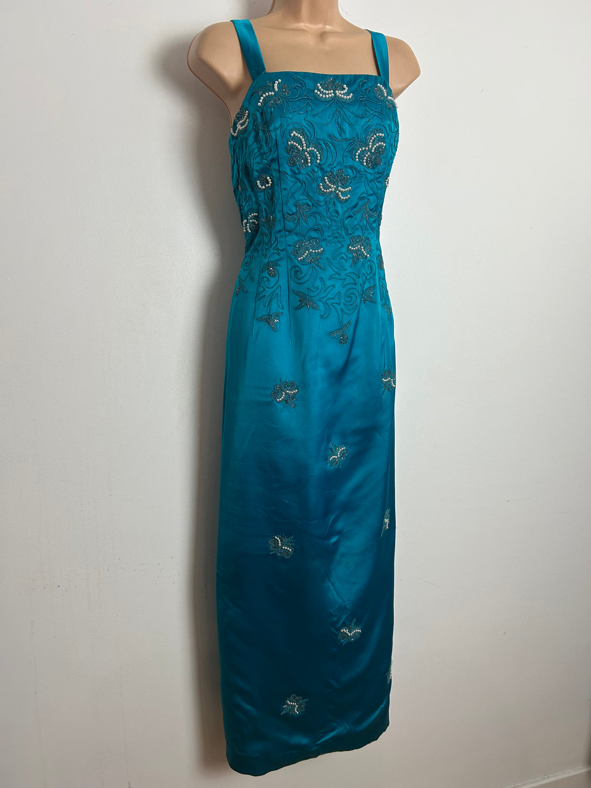 Vintage 1950s RICCI MICHAELS Size 10 Dark Turquoise Embroidered & Peal Bead Embellished Occasion Dress
