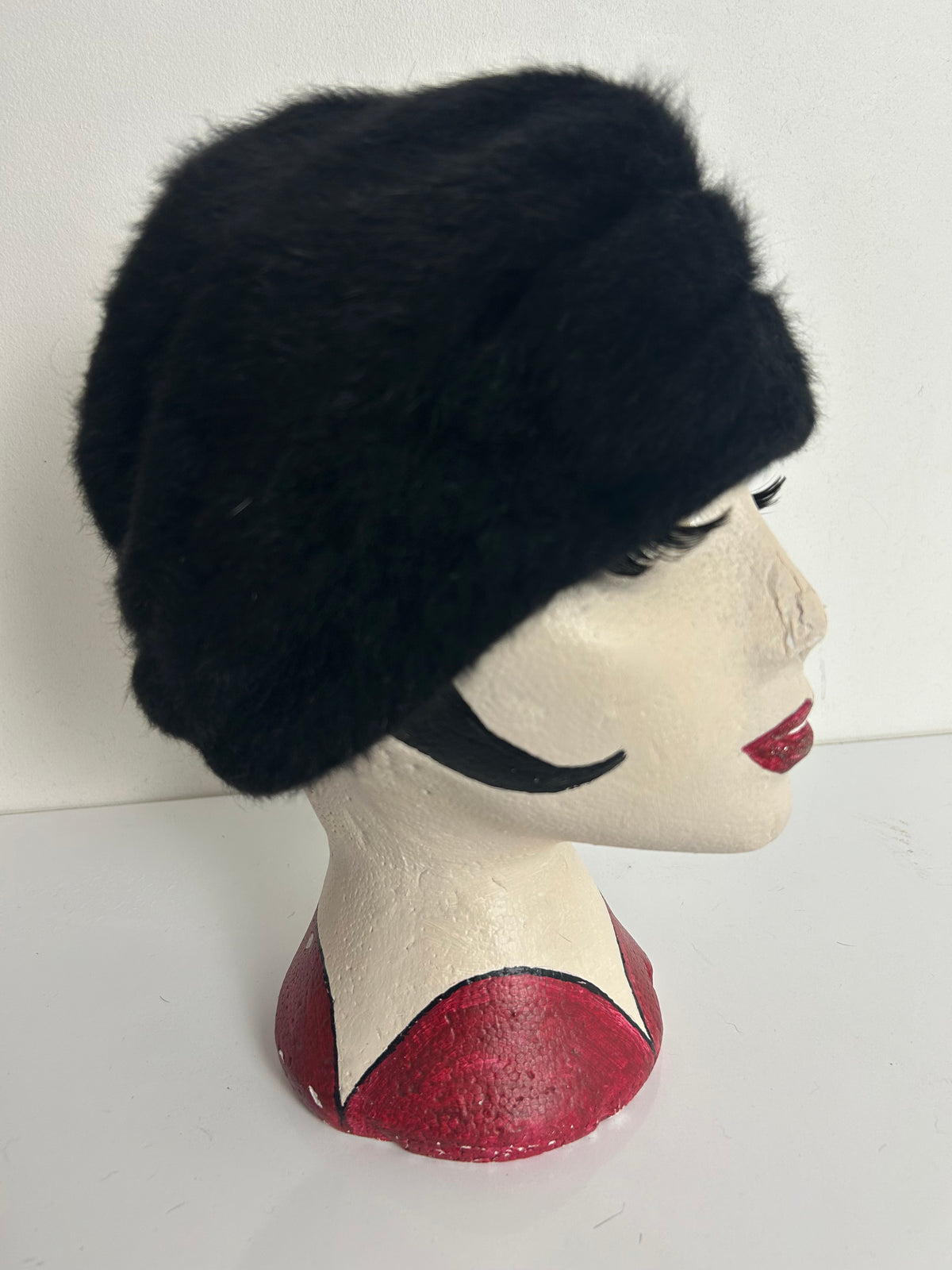 Vintage 1960s Black Angora Mix Turban Style Pill Box Hat