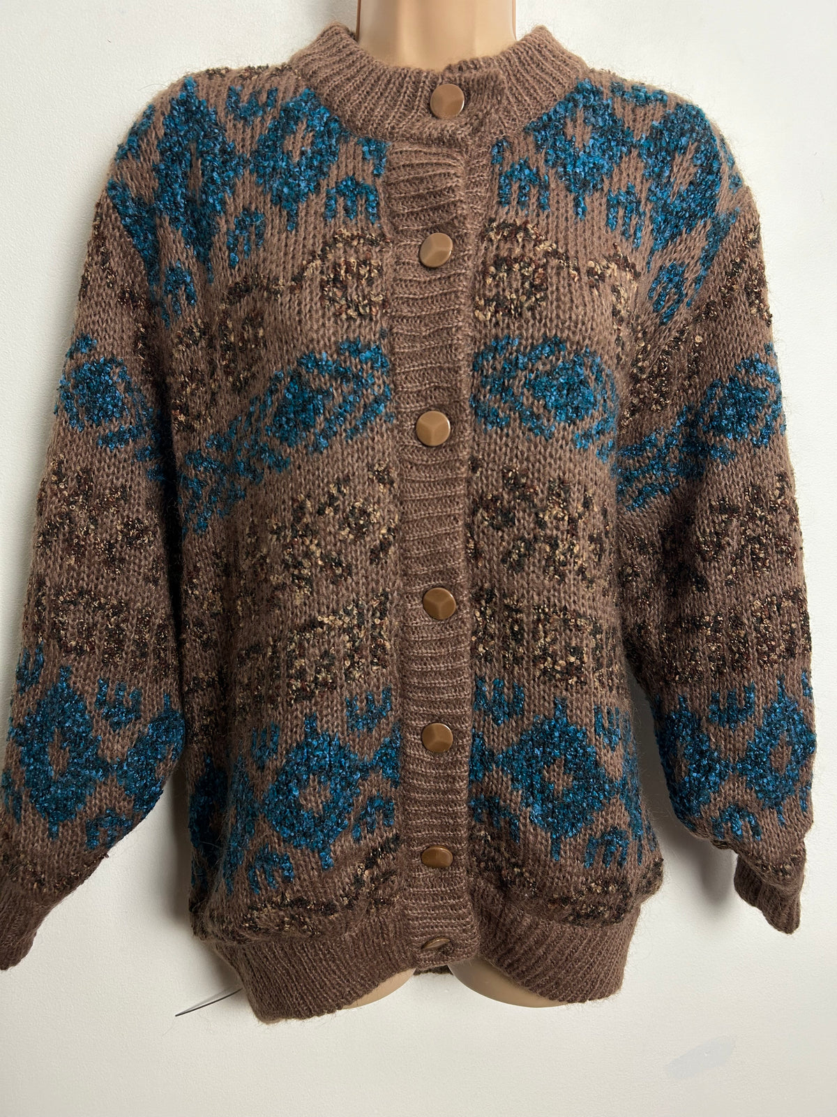 Vintage 1980s One Size Up To Size 16 Brown & Blue Wool Mix Long Sleeve Chunky Cardigan