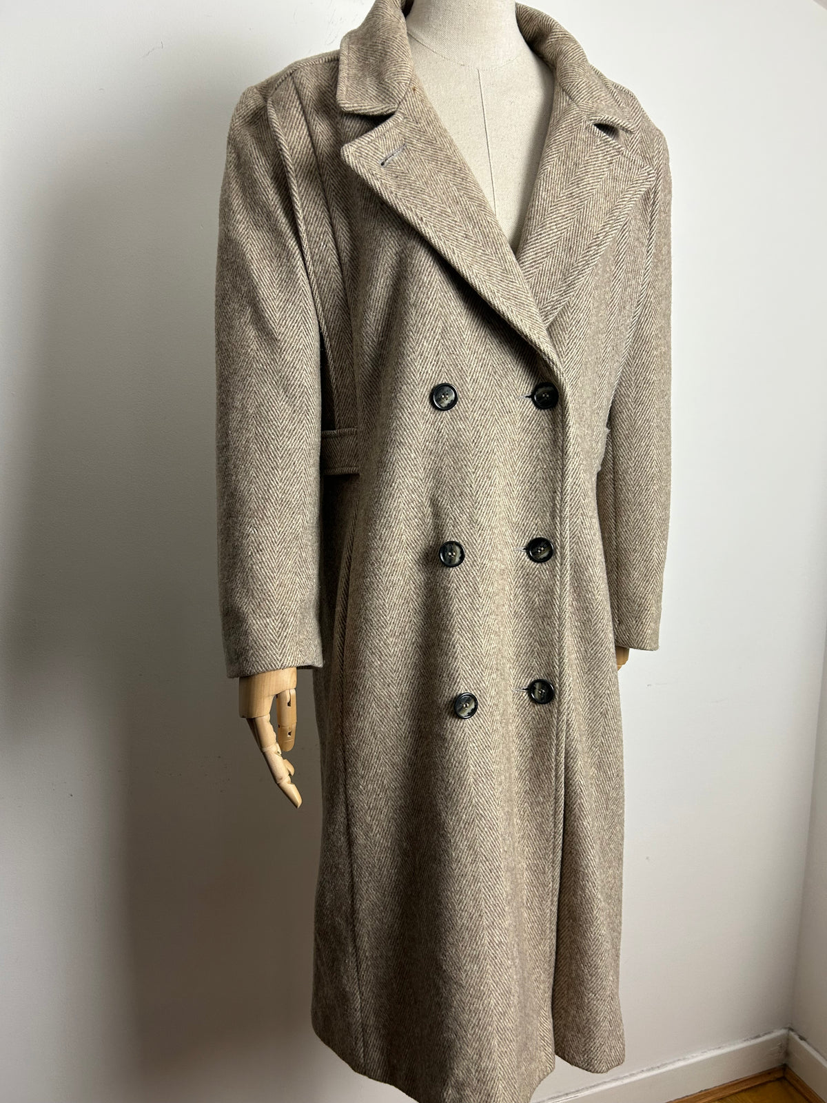 Vintage Early 1980s NOBLE FASHIONS UK Size 12-14 Beige Herringbone Pure New Wool Double Breasted Winter Coat