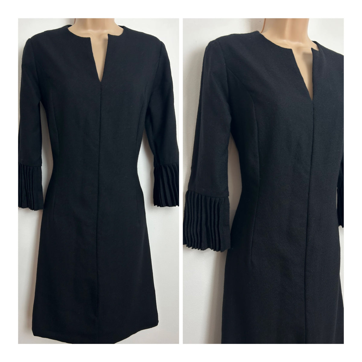 Vintage 1960s Size 10 Black Wool Mix Notch Neck Pleated Cuff Shift Dress