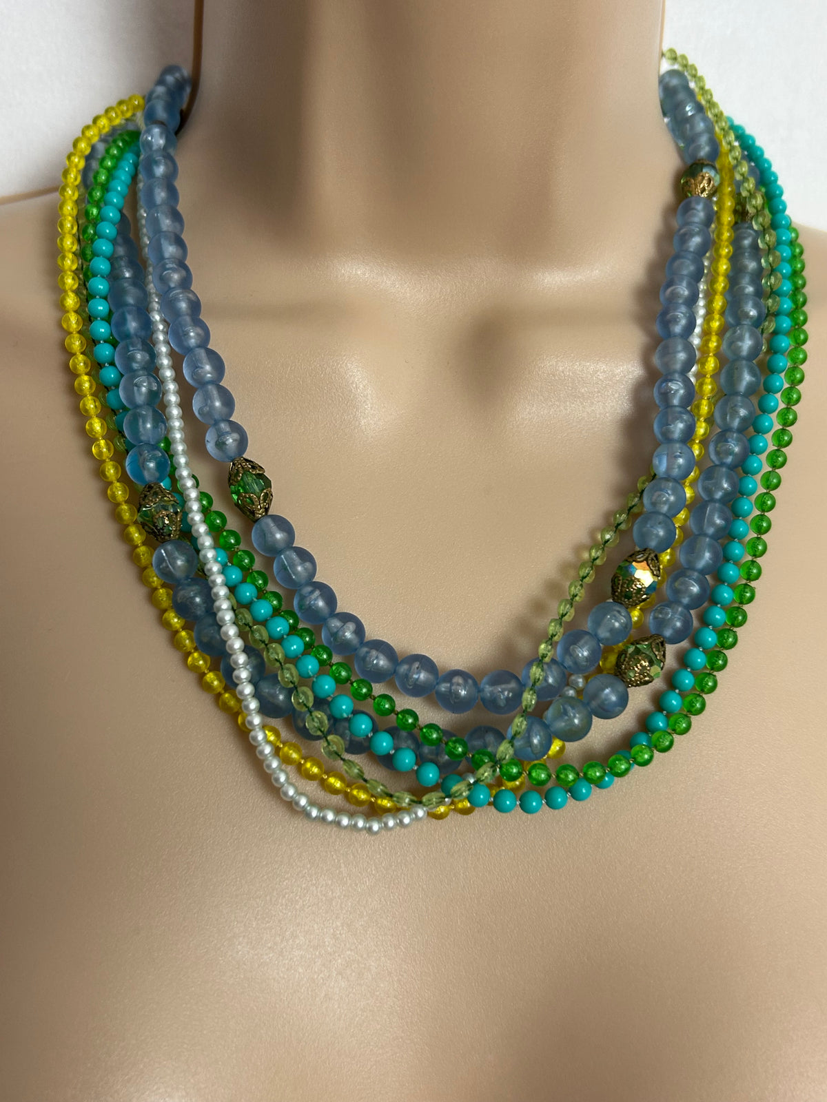 Vintage 1960s Blue Green & Yellow Plastic Bead Multi Strand Necklace With Pretty Clasp