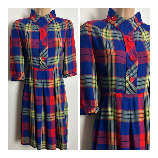 Vintage 1950s Size 10 Blue Red Pink & Green Check Print High Neck Pleated Cotton Day Dress