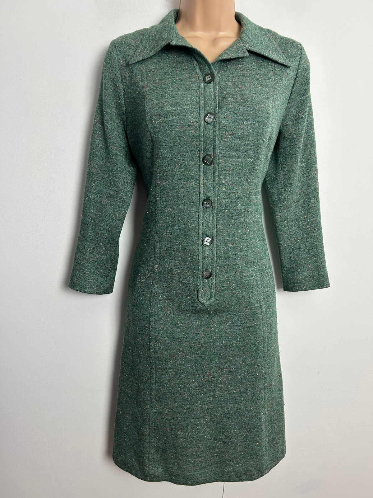 Vintage 1970s UK Size 12 Green Fleck Mod Long Sleeve Wool Jersey Day Dress
