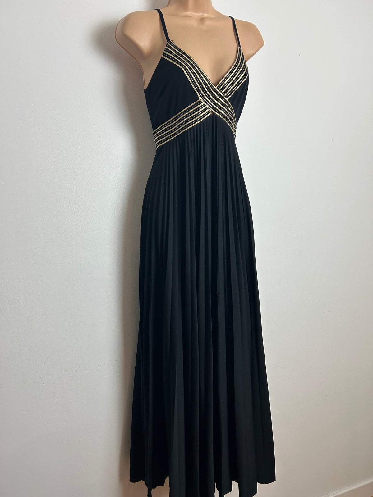 Vintage 1970s YVETTE Size 6-8 Black & Gold Braid Trim Pleated Empire Line Evening Maxi Dress