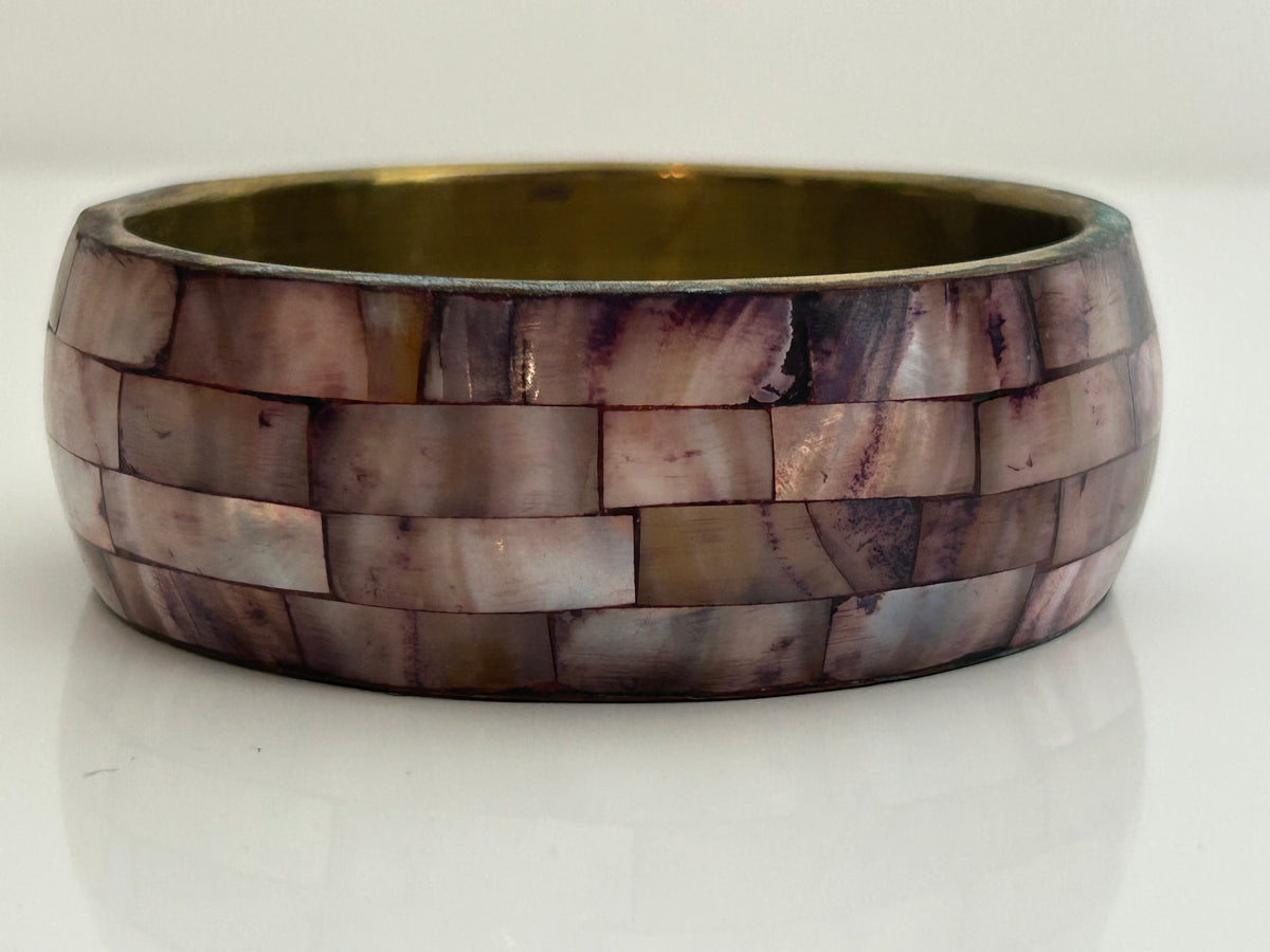 Vintage 1980s Gorgeous Brass With Pink Mother Of Pearl Set Wide Bangle