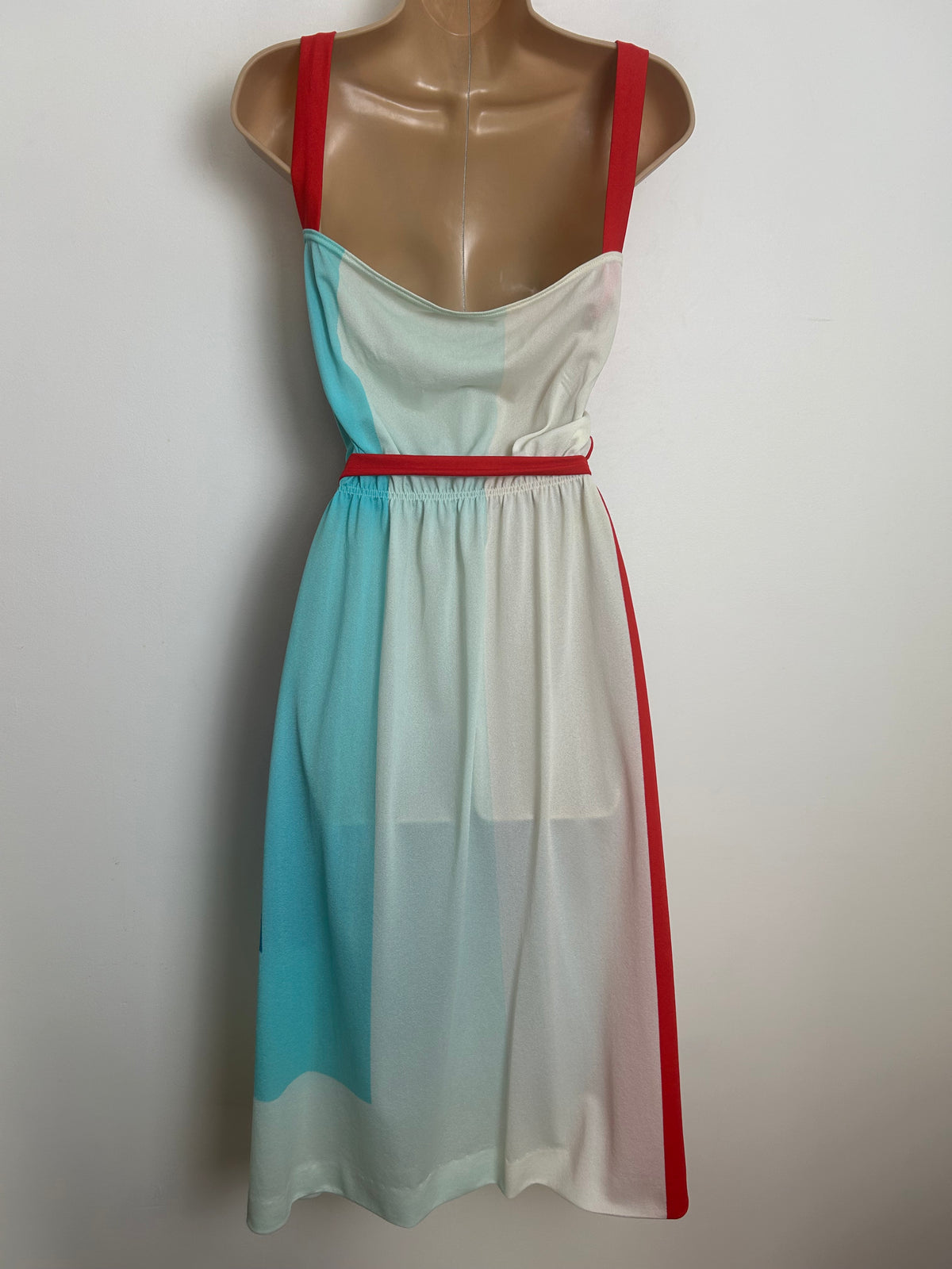 Vintage 1980s Size 12 Cute Blue Red & White Geo Square Print Belted Summer Day Dress
