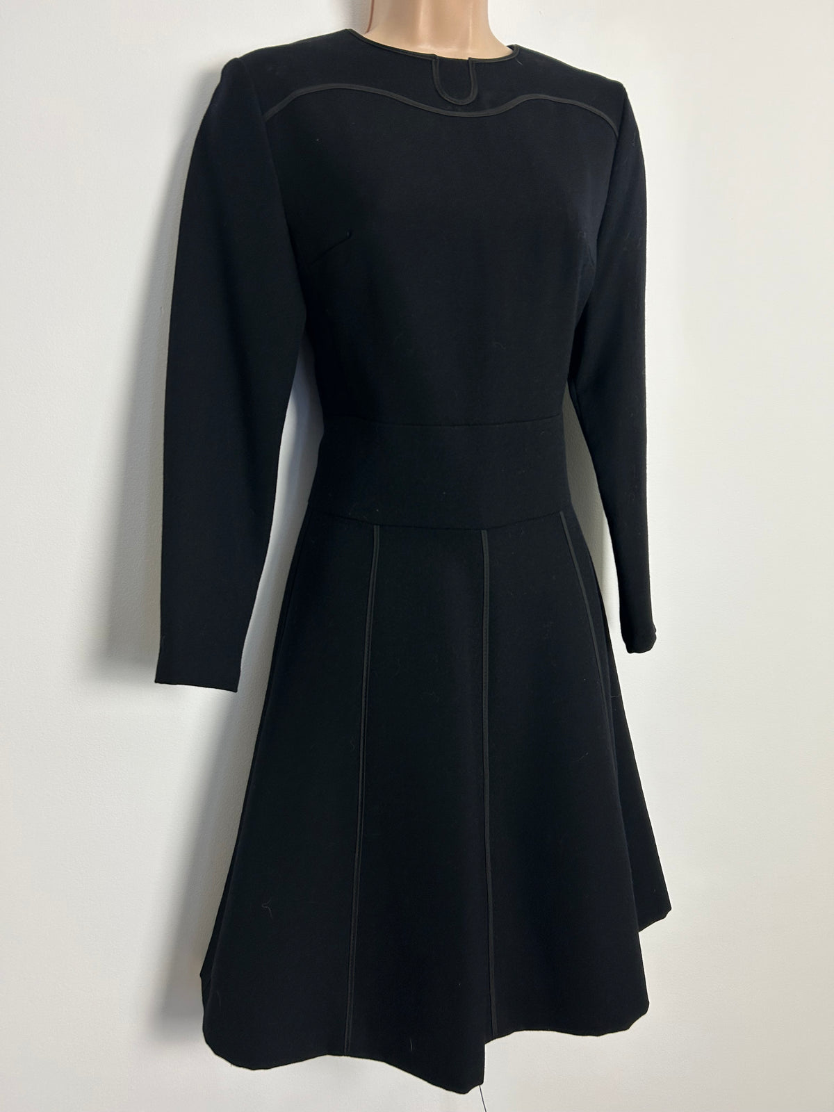 Vintage 1960s EIN FINK MODELL UK Size 6-8 Black Pure New Wool Braid Detail Long Sleeve Mod Dress